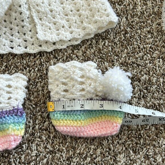 Handknit Crochet Baby Vintage Rainbow Sweater, Hat & Bootie Set - Picture 5 of 7